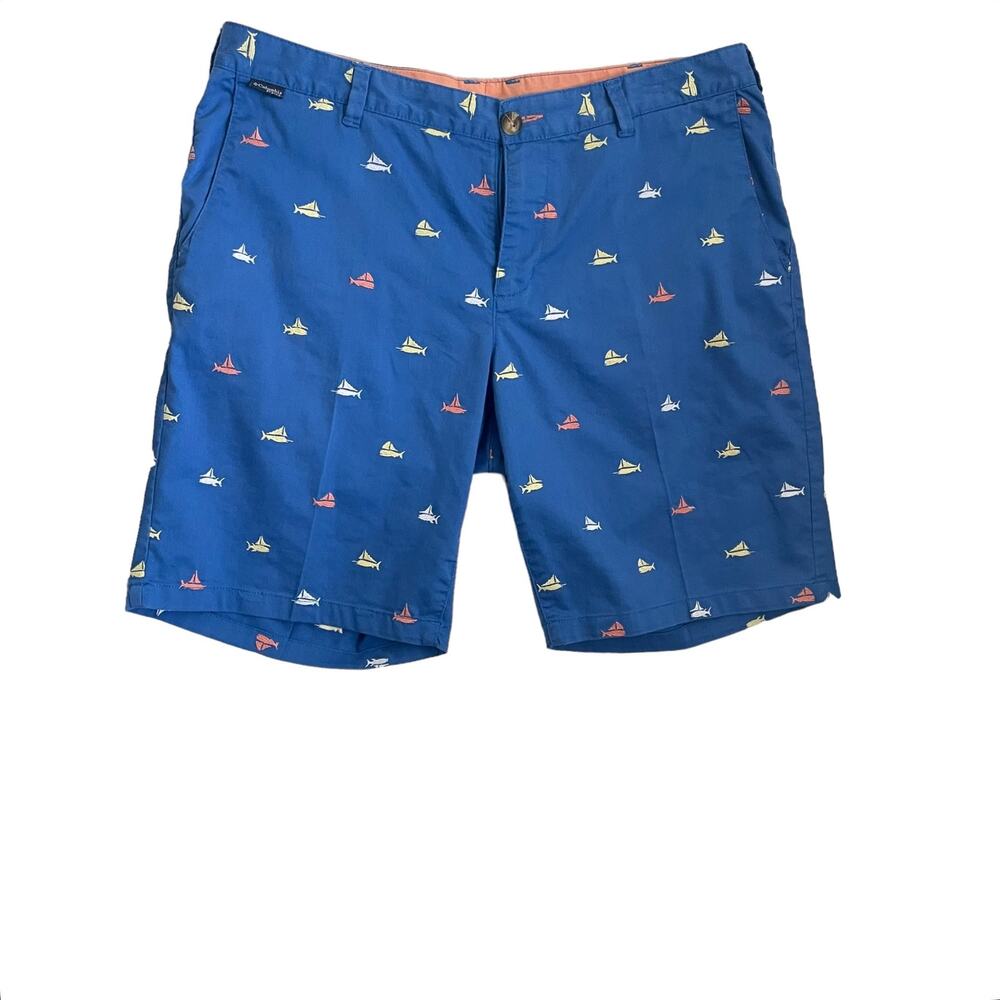 Columbia Mens PFG Shorts 36 Blue Harborside Chino Embroidered Sailboat Coastal